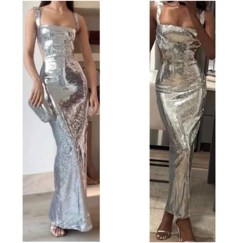 Luxe Silver Sequin Fitted Backless Party Evening Wedding Dress